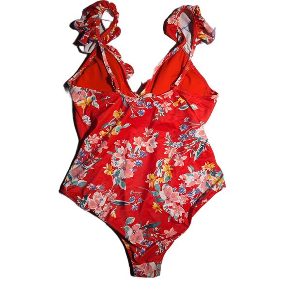 Jessica Simpson Chantilly Lace Frill Shoulder Red Floral One Piece Swimsuit Sz L - Picture 2 of 4